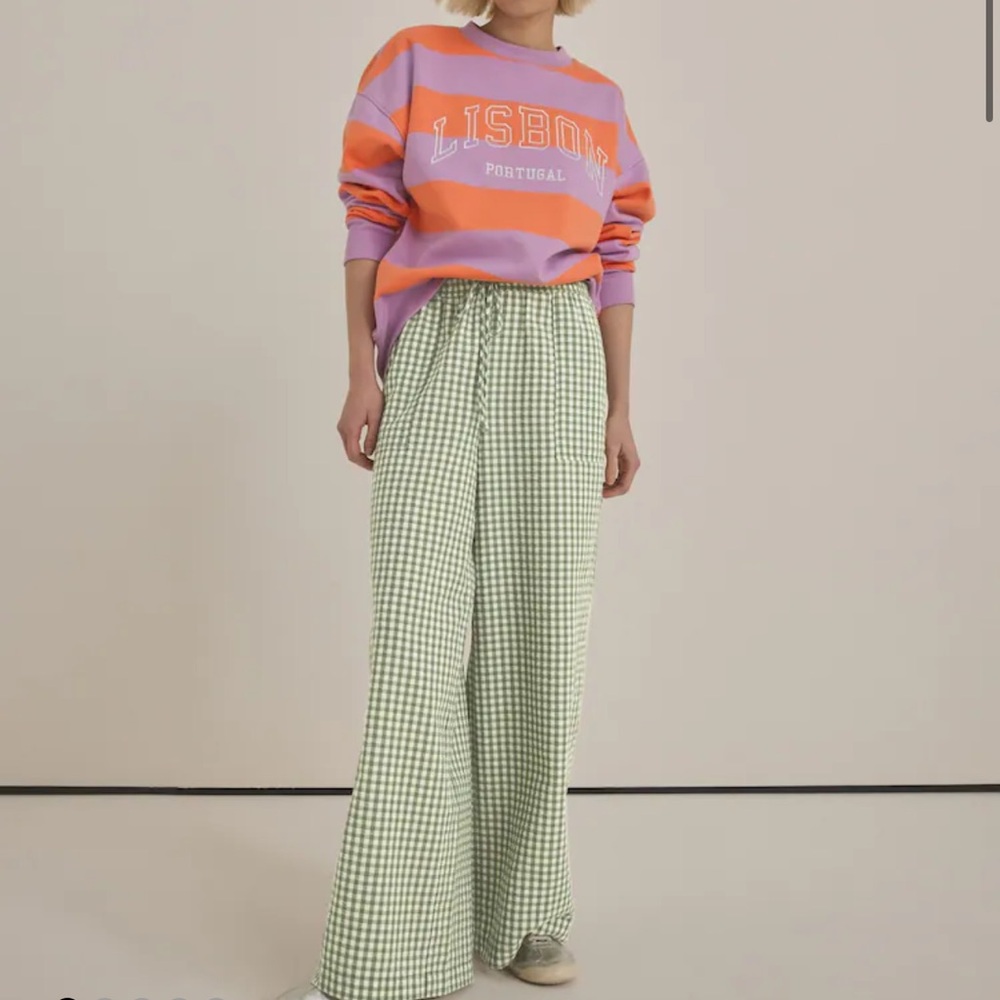 Green Checkered Gingham Wide-Leg Pants